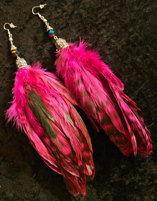 Fuchsia & Black Rooster Feather Long Pierced Statement Earrings