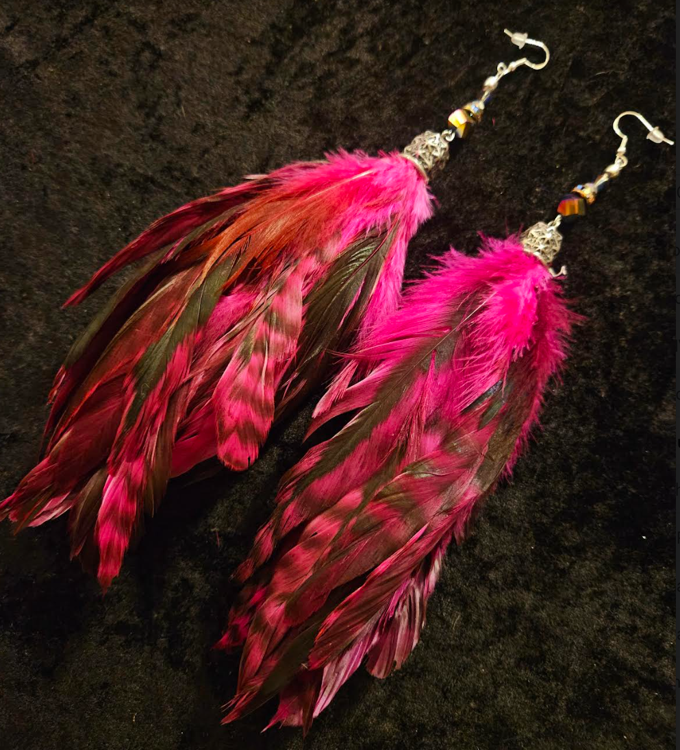 Fuchsia and Black Rooster Feather Long Pierced Statement Earrings Fa