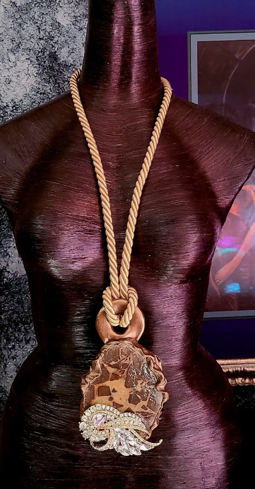 Septarian Slab & Rhinestone Jewel Earthy Statement Gemstone Pendant