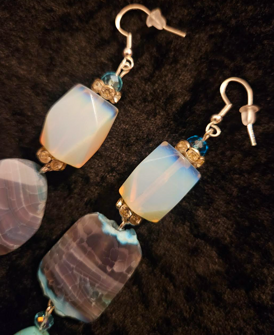 Opalite Agate and Magnesite Long Pierced Statement Earrings Blue Whi