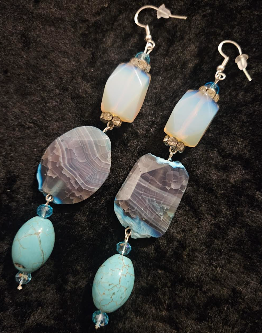 Opalite Agate and Magnesite Long Pierced Statement Earrings Blue Whi