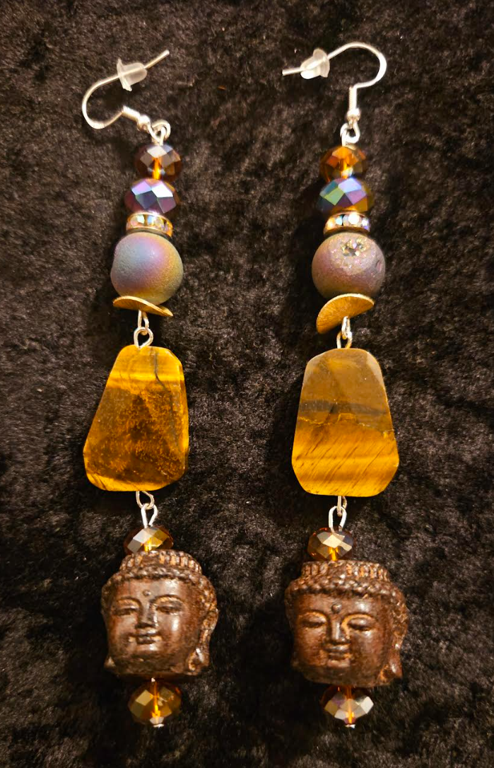 Earth Tone Buddha and Tiger's Eye Long Pierced Statement Earrings Ti