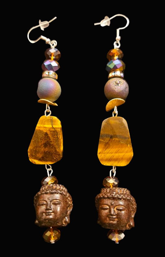 Earth Tone Buddha & Tigers Eye Shoulder Duster Pierced Earrings - Fall