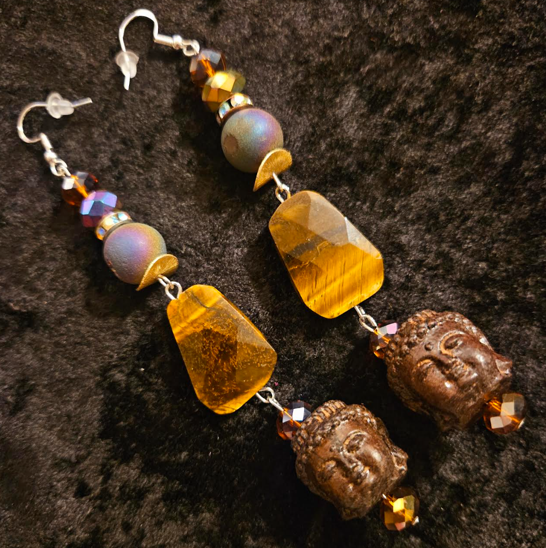 Earth Tone Buddha and Tiger's Eye Long Pierced Statement Earrings Ti