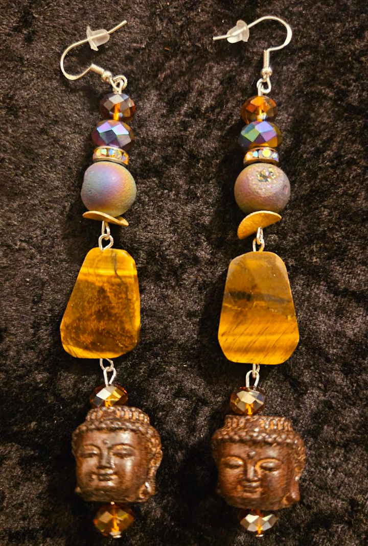 Earth Tone Buddha and Tiger's Eye Long Pierced Statement Earrings Ti