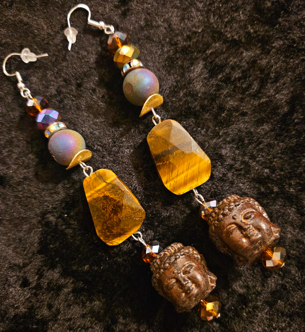 Earth Tone Buddha and Tiger's Eye Long Pierced Statement Earrings Ti
