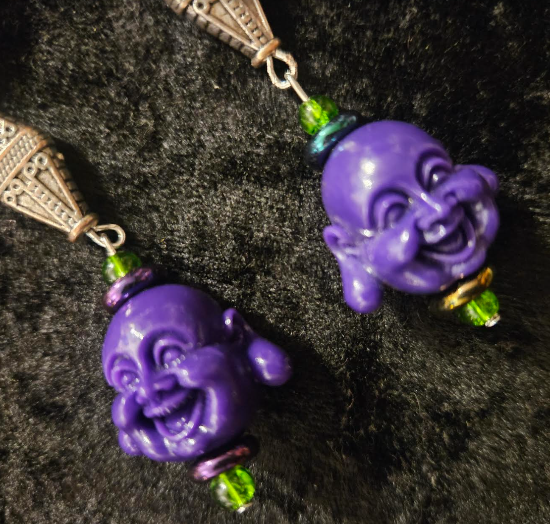 Purple Buddha Shoulder Duster Statement Earrings Tibetan God Whimsic