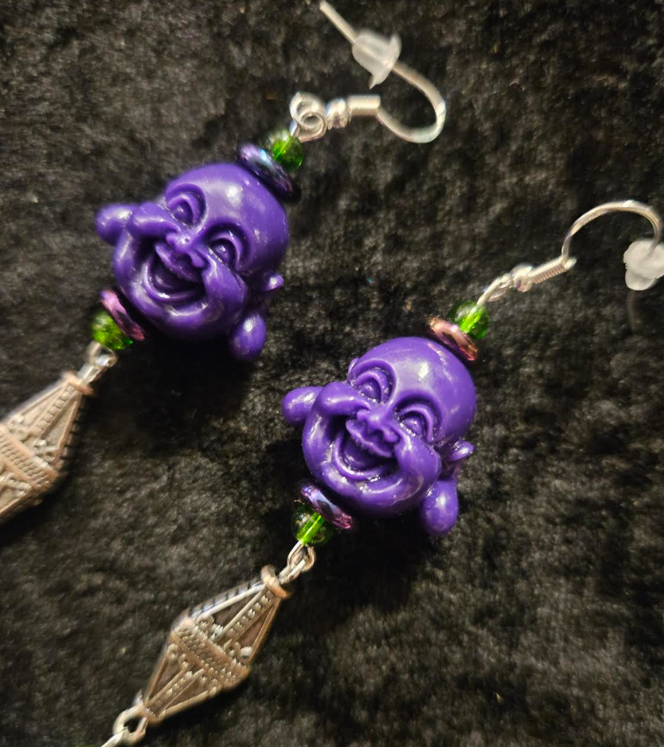 Purple Buddha Shoulder Duster Statement Earrings Tibetan God Whimsic