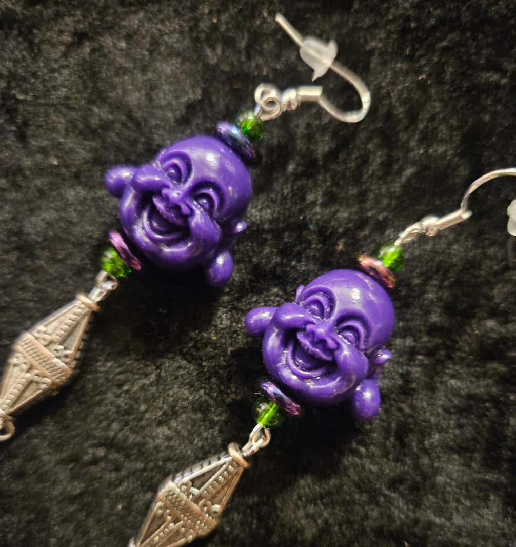 Purple Buddha Shoulder Duster Statement Earrings Tibetan God Whimsic