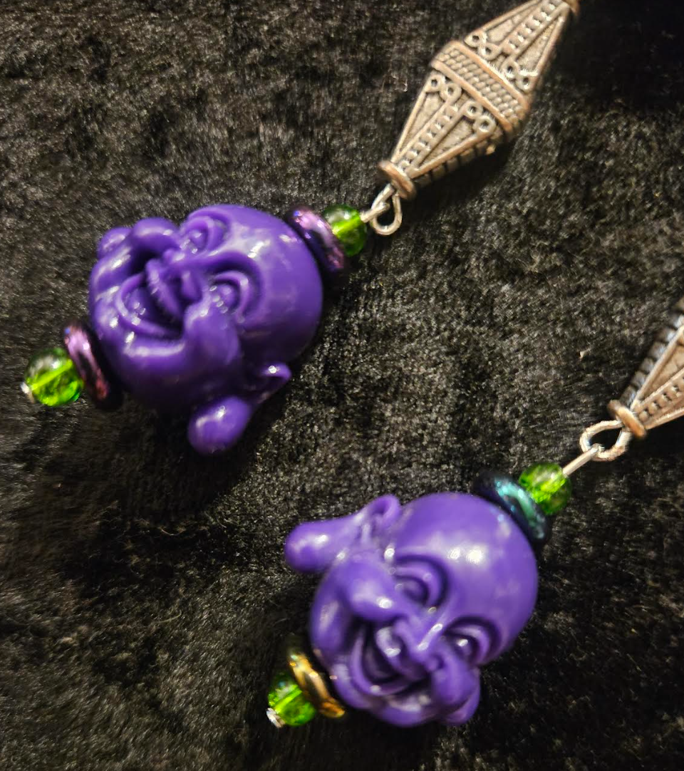 Purple Buddha Shoulder Duster Statement Earrings Tibetan God Whimsic