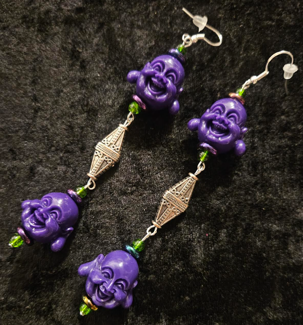 Purple Buddha Shoulder Duster Statement Earrings Tibetan God Whimsic
