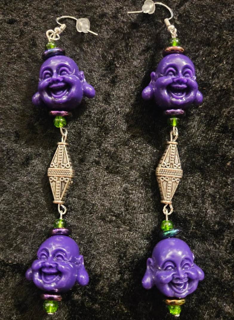 Purple Buddha Shoulder Duster Statement Earrings Tibetan God Whimsic