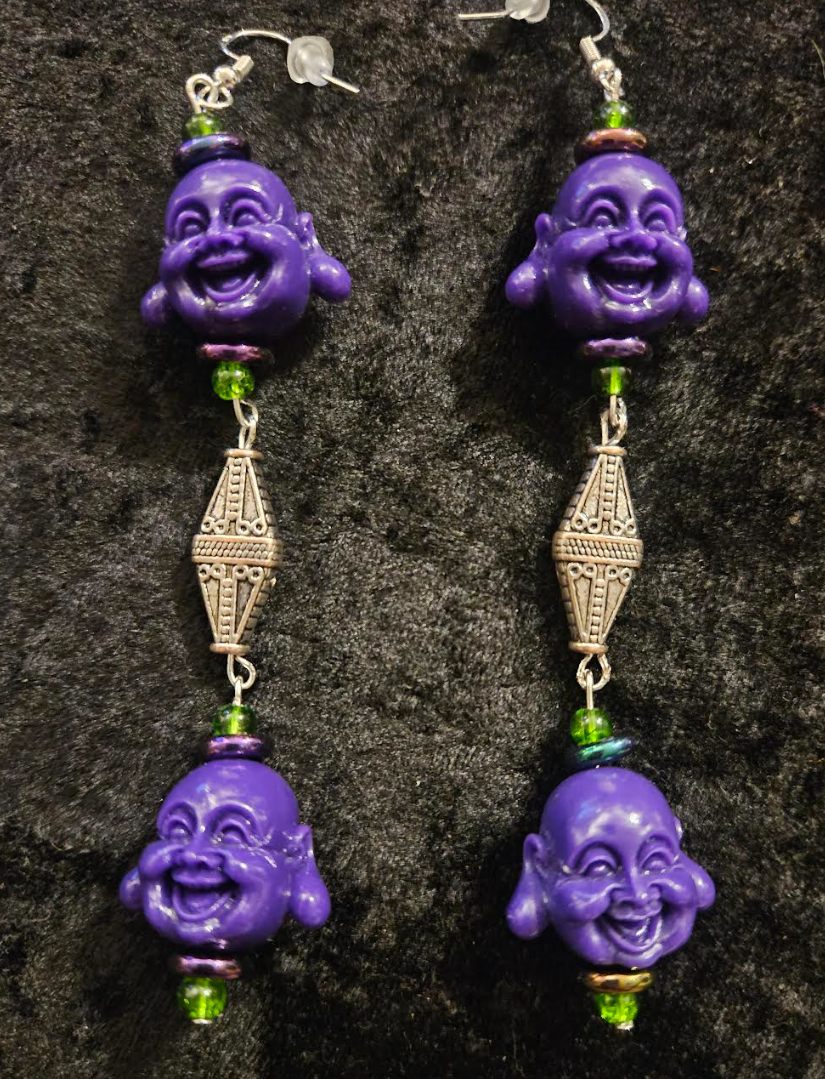 Purple Buddha Shoulder Duster Statement Earrings Tibetan God Whimsic
