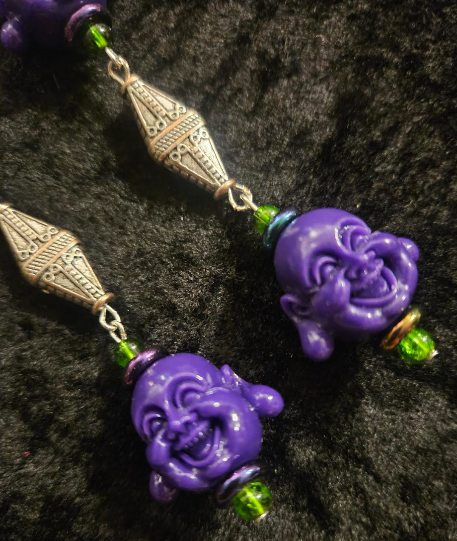 Purple Buddha Shoulder Duster Statement Earrings Tibetan God Whimsic