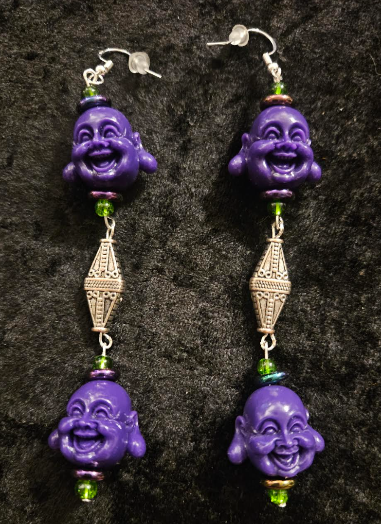 Purple Buddha Shoulder Duster Statement Earrings - Tibetan God Whimsy
