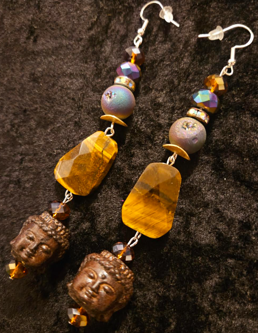 Earth Tone Buddha and Tiger's Eye Long Pierced Statement Earrings Ti
