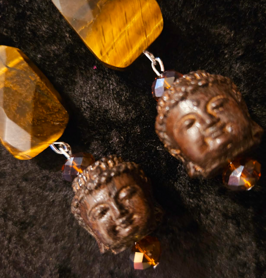 Earth Tone Buddha and Tiger's Eye Long Pierced Statement Earrings Ti