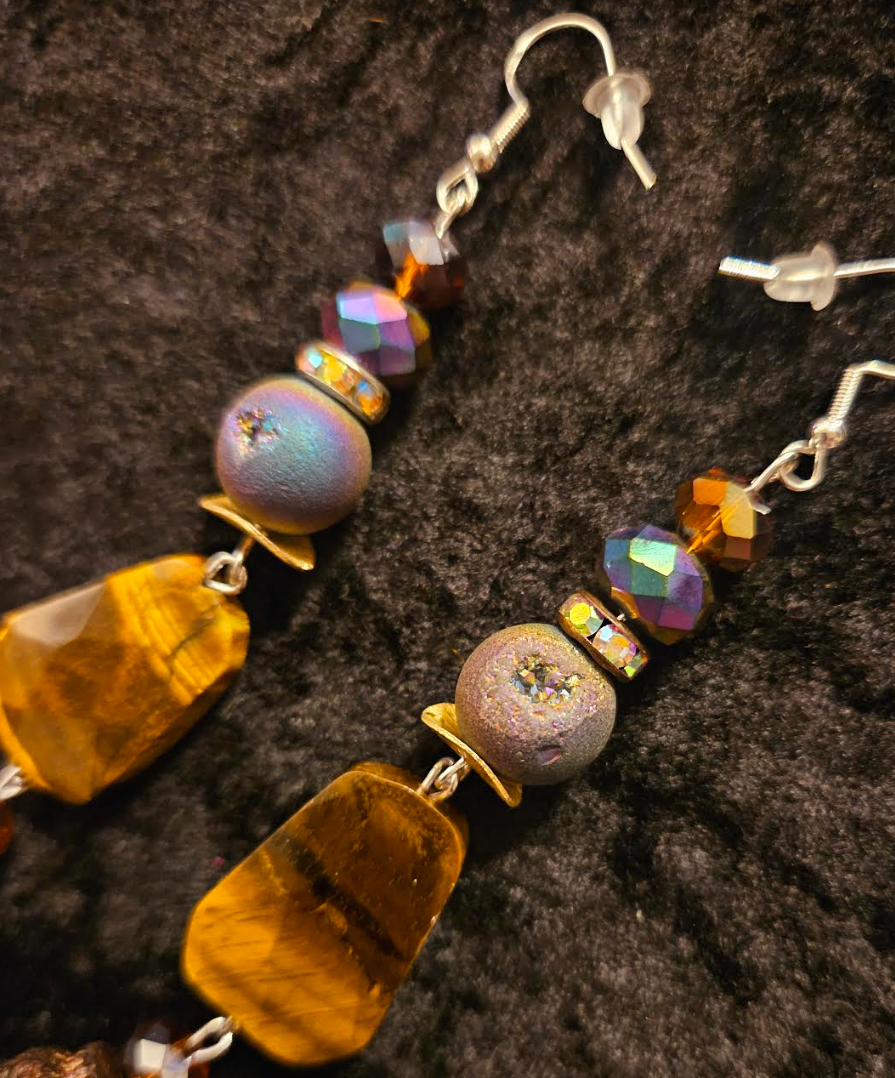 Earth Tone Buddha and Tiger's Eye Long Pierced Statement Earrings Ti