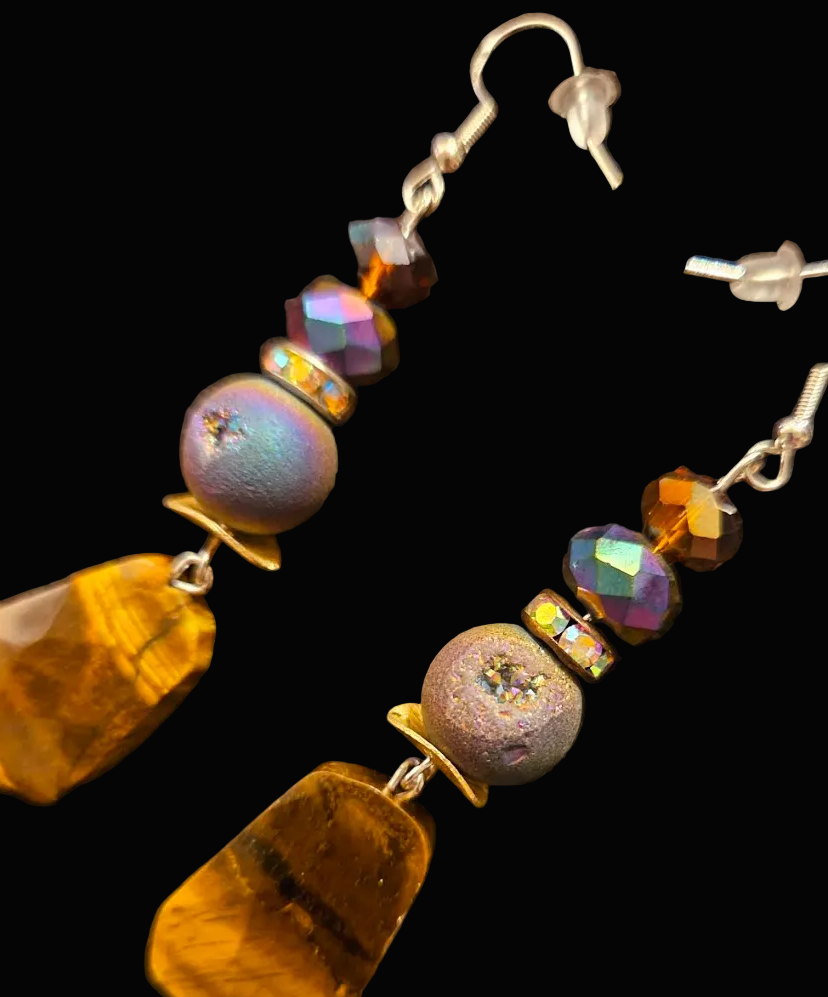Earth Tone Buddha & Tigers Eye Shoulder Duster Pierced Earrings - Fall