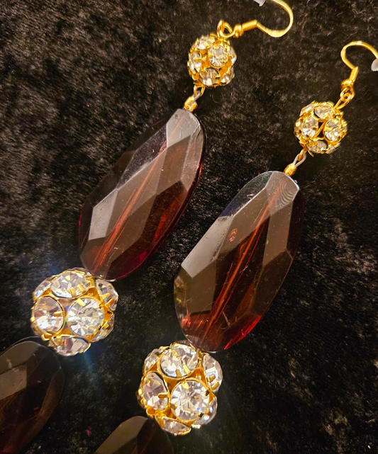 Brown Lucite & Rhinestone Ball Shoulder Dusters Super Long Pierce