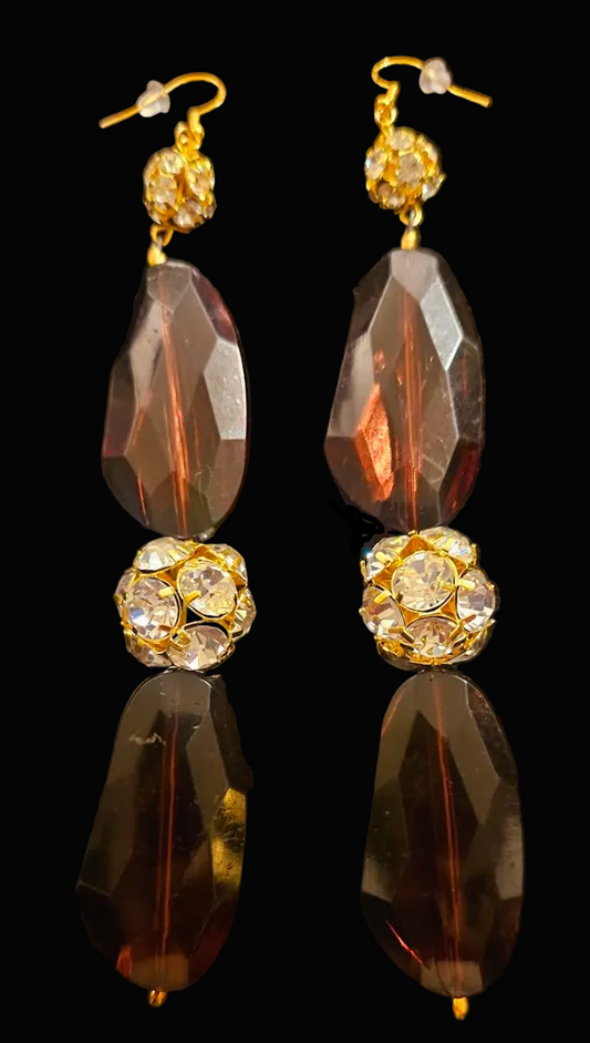 Bold Brown Lucite & Rhinestone Ball Shoulder Duster Earrings - Holiday