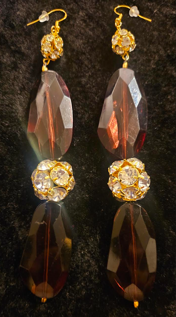 Brown Lucite & Rhinestone Ball Shoulder Dusters Super Long Pierce