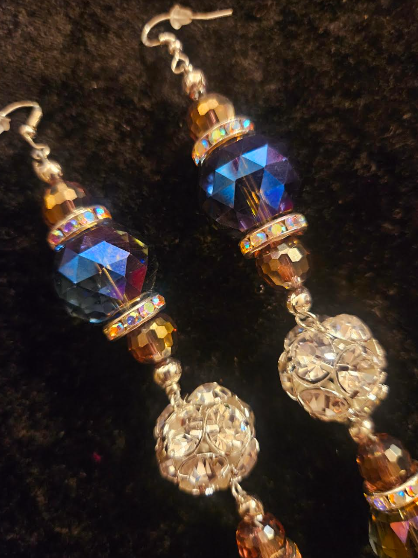 Purple Crystal & Rhinestone Formal Shoulder Duster Statement Earrings