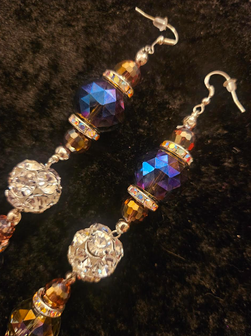 Purple Crystal & Rhinestone Formal Shoulder Duster Statement Earrings