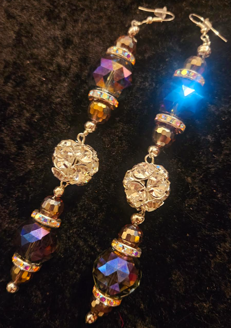 Purple Crystal & Rhinestone Formal Shoulder Duster Statement Earrings