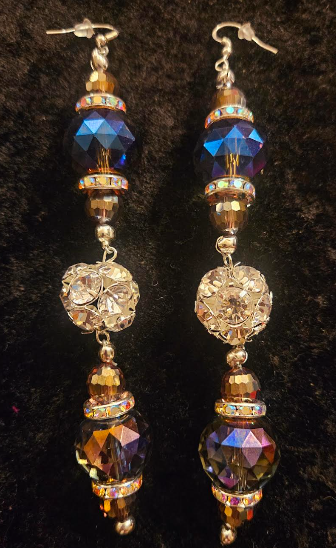 Purple Crystal & Rhinestone Formal Shoulder Duster Statement Earrings