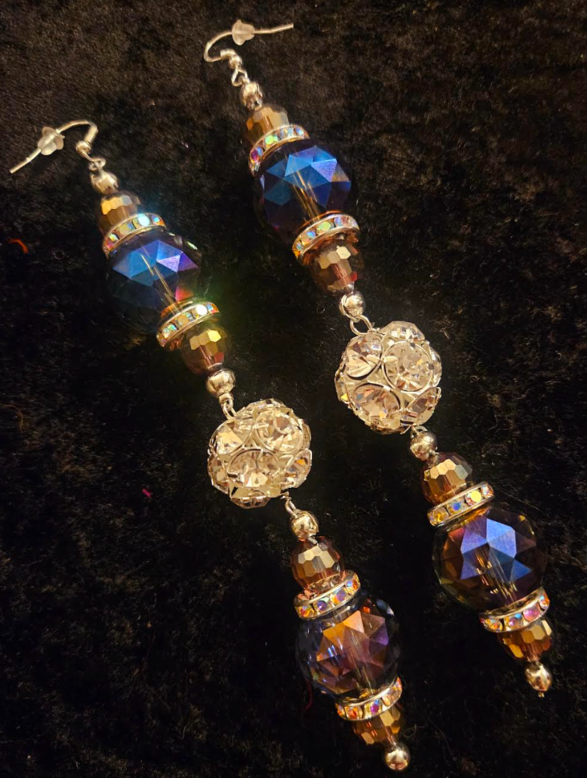 Purple Crystal & Rhinestone Formal Shoulder Duster Statement Earrings