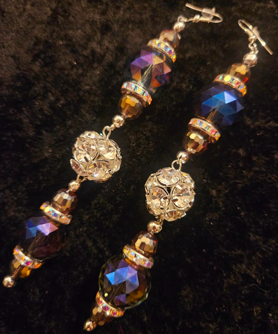 Purple Crystal & Rhinestone Formal Shoulder Duster Statement Earrings