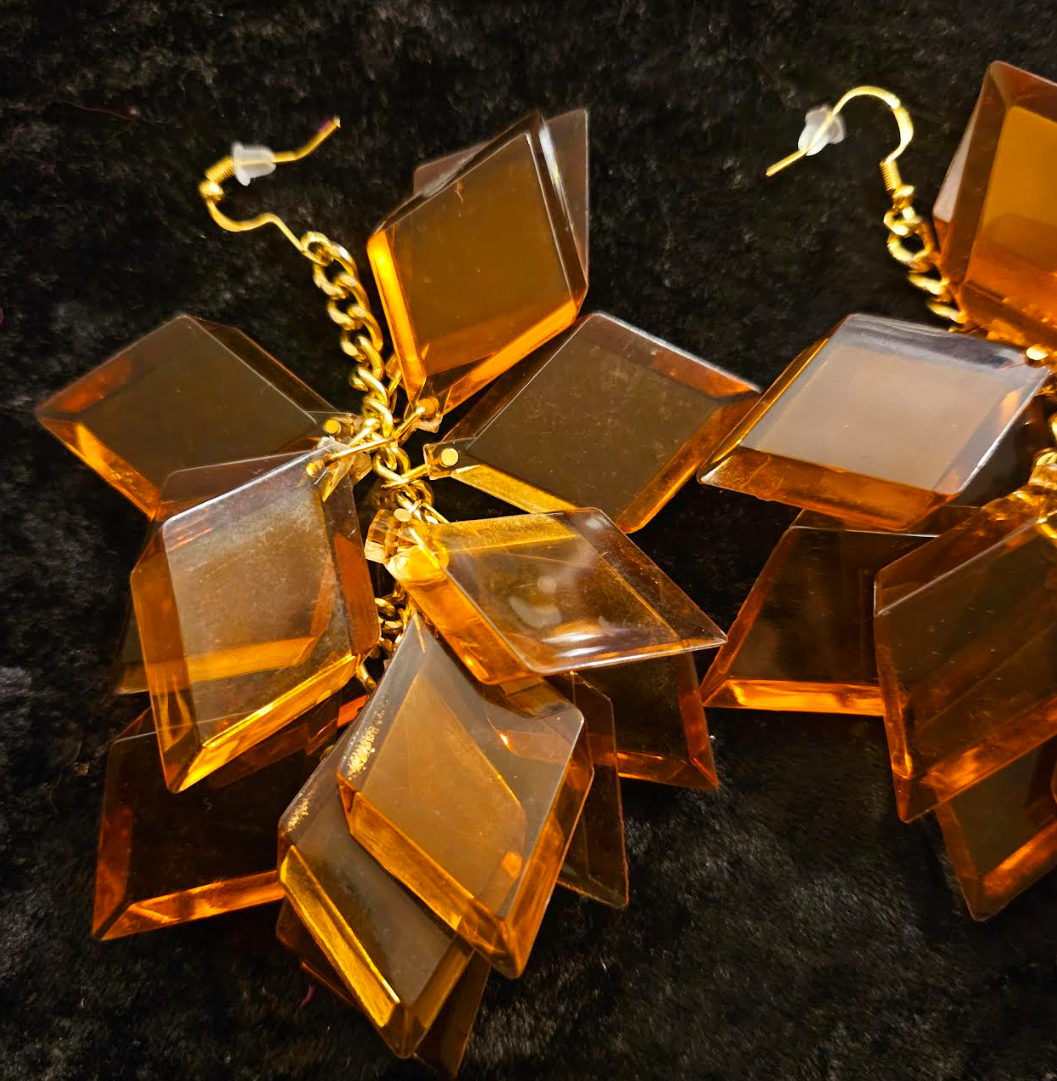 Copper Lucite Geometric Shaped Long Pierced Statement Earrings Funky