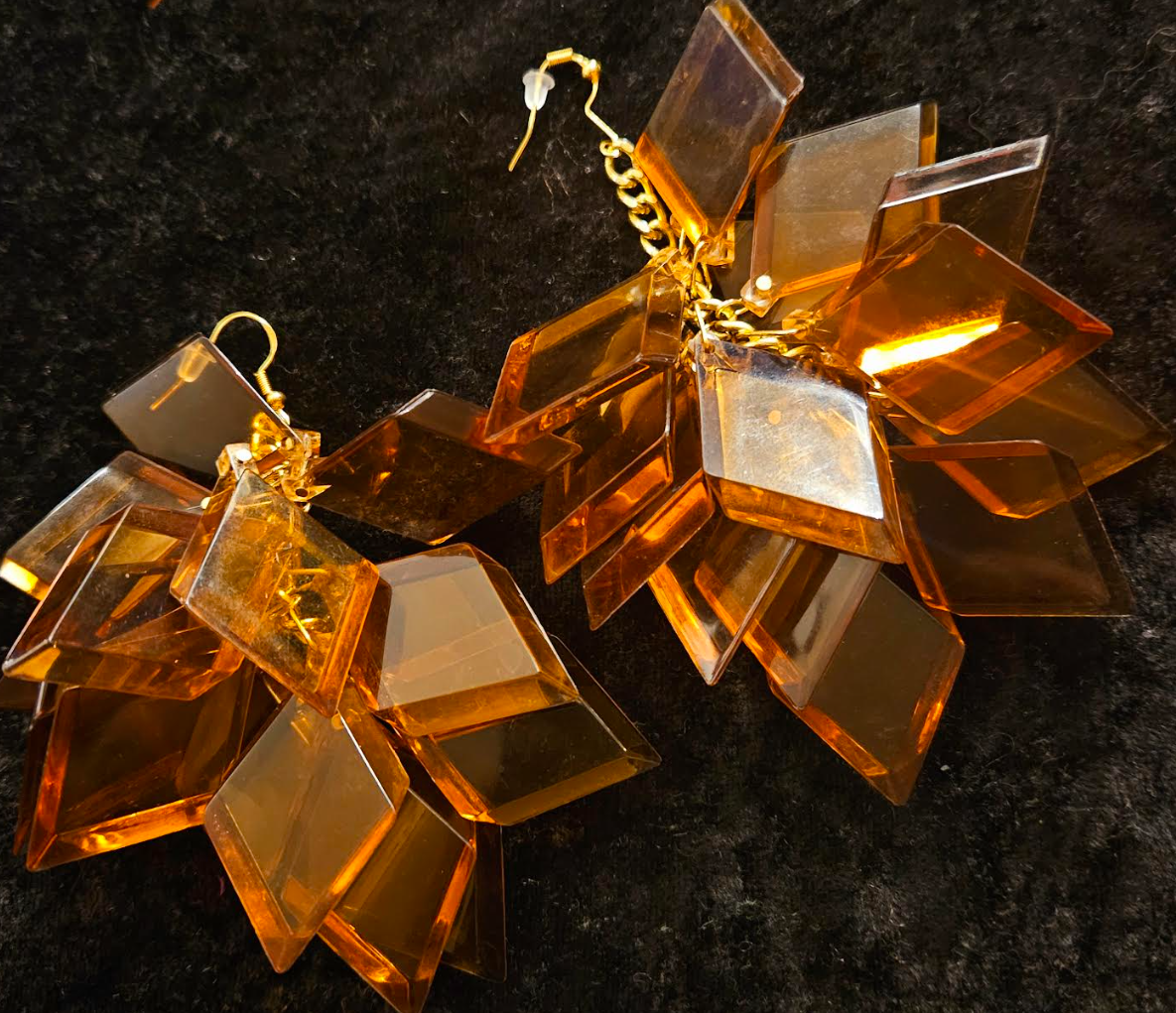 Copper Lucite Geometric Shaped Long Pierced Statement Earrings Funky
