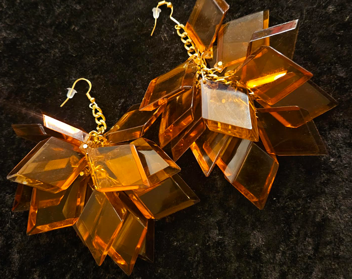 Copper Lucite Geometric Shaped Long Pierced Statement Earrings Funky