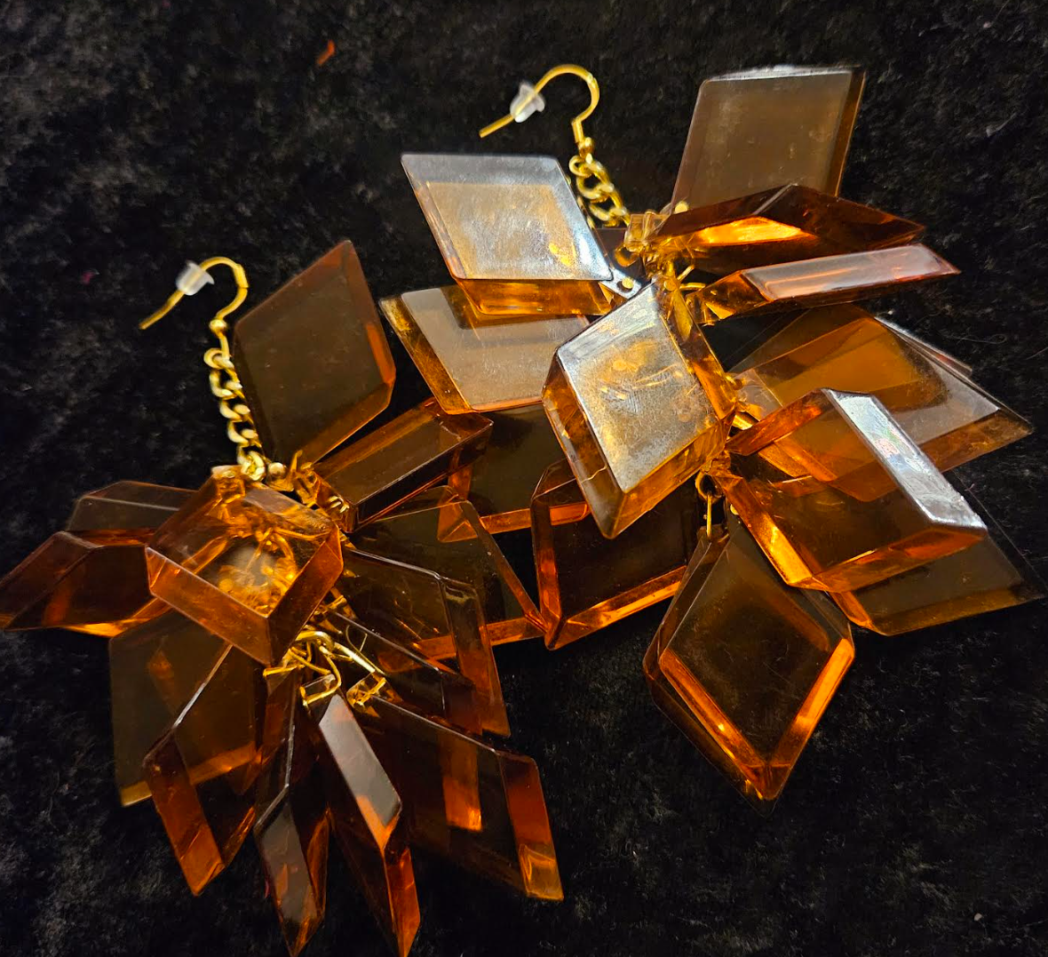 Copper Lucite Geometric Shaped Long Pierced Statement Earrings Funky
