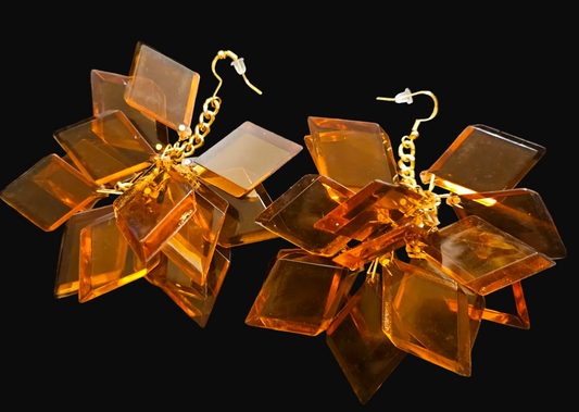 Copper Lucite Diamond Shaped Long Pierced Statement Earrings - Funky