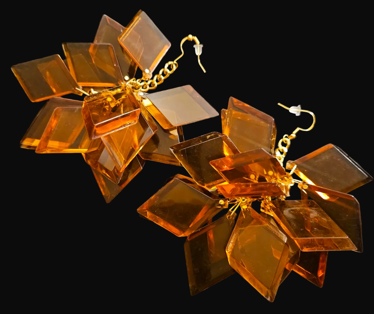 Copper Lucite Diamond Shaped Long Pierced Statement Earrings - Funky