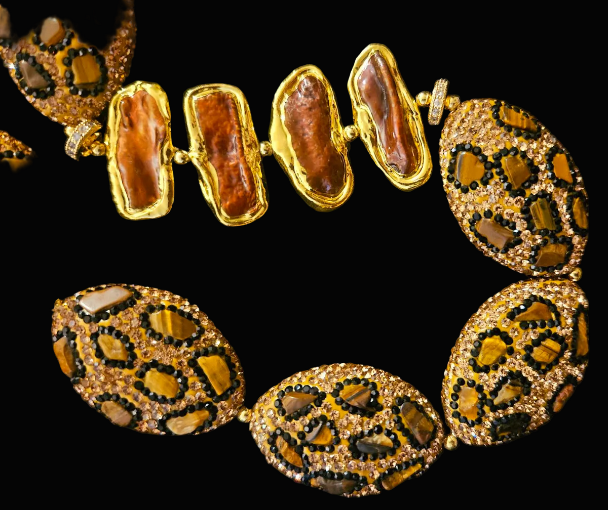 Leopard Pave Rhinestone & Freshwater Pearl Necklace - Autumn Bling