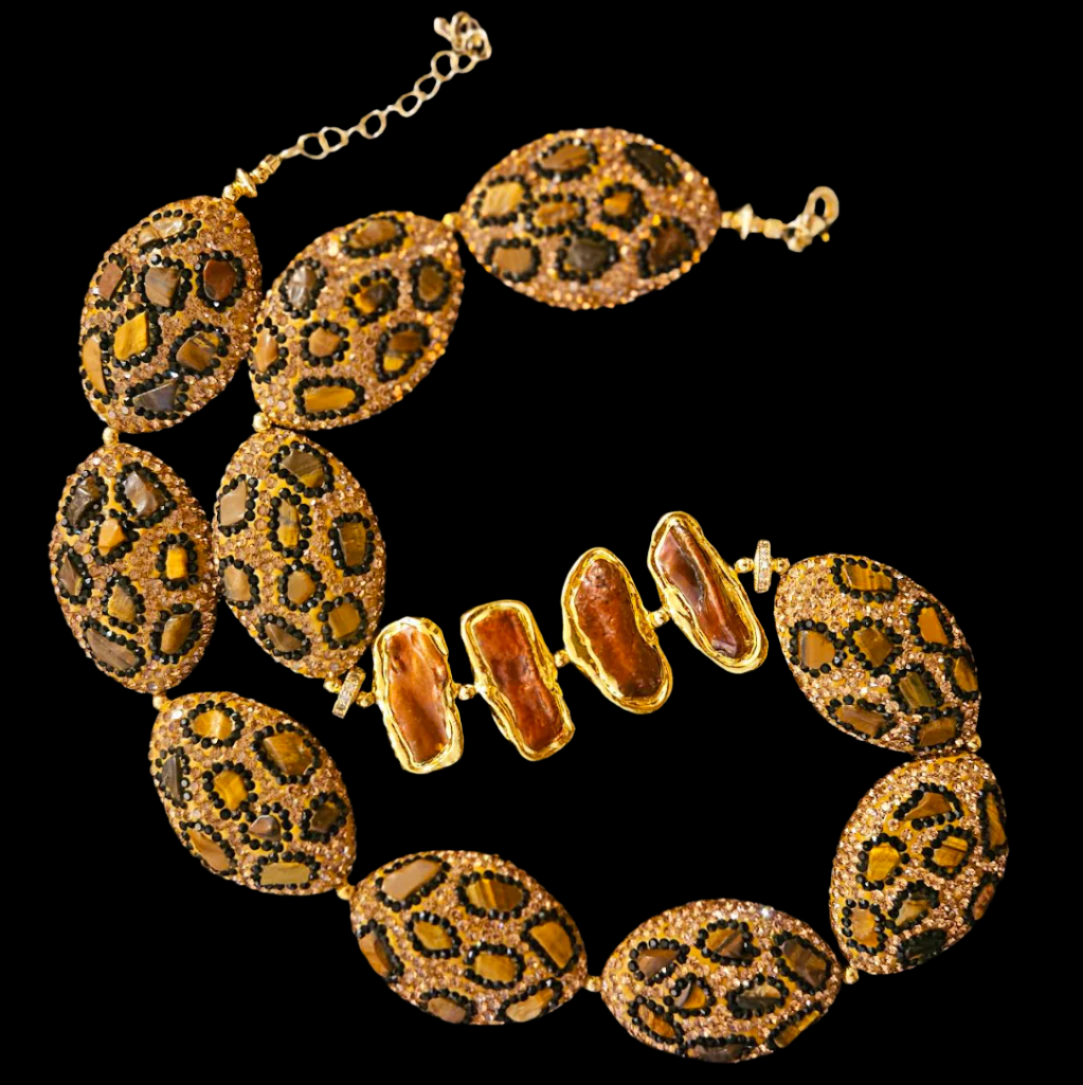 Leopard Pave Rhinestone & Copper Biwa Pearl Luxury Necklace - Business