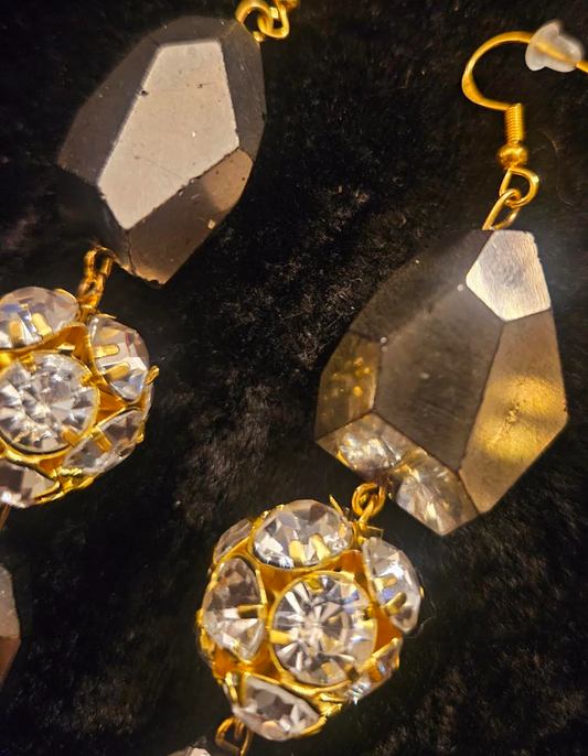 Bold & Chunky Bronze Faceted Glass and Rhinestone Ball Pierced Earr
