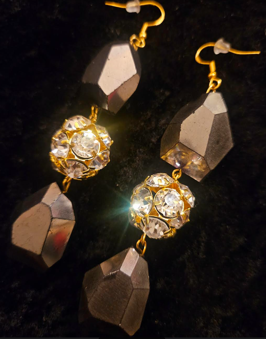 Bold & Chunky Bronze Faceted Glass and Rhinestone Ball Pierced Earr