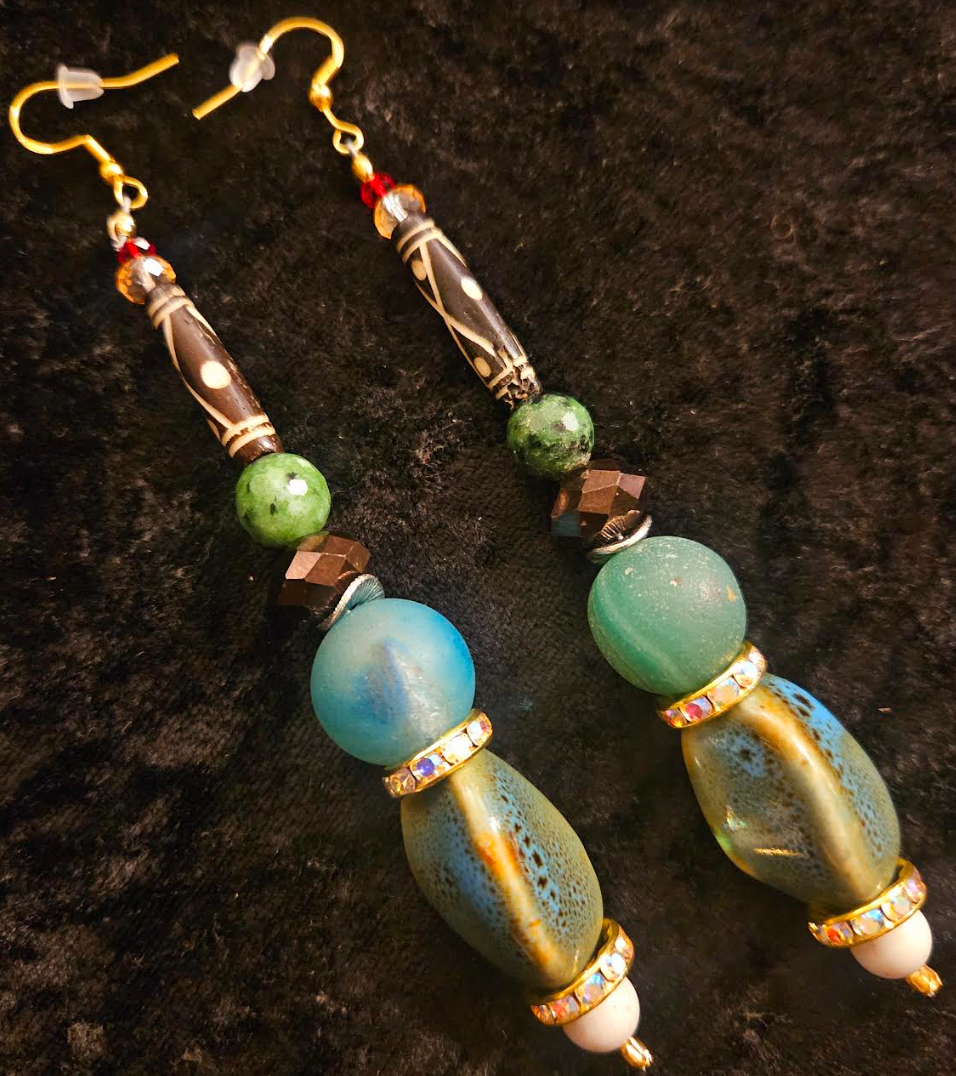 Blue Green & Brown Eclectic Mixed Beaded Tribal Dangle Shoulder Dus