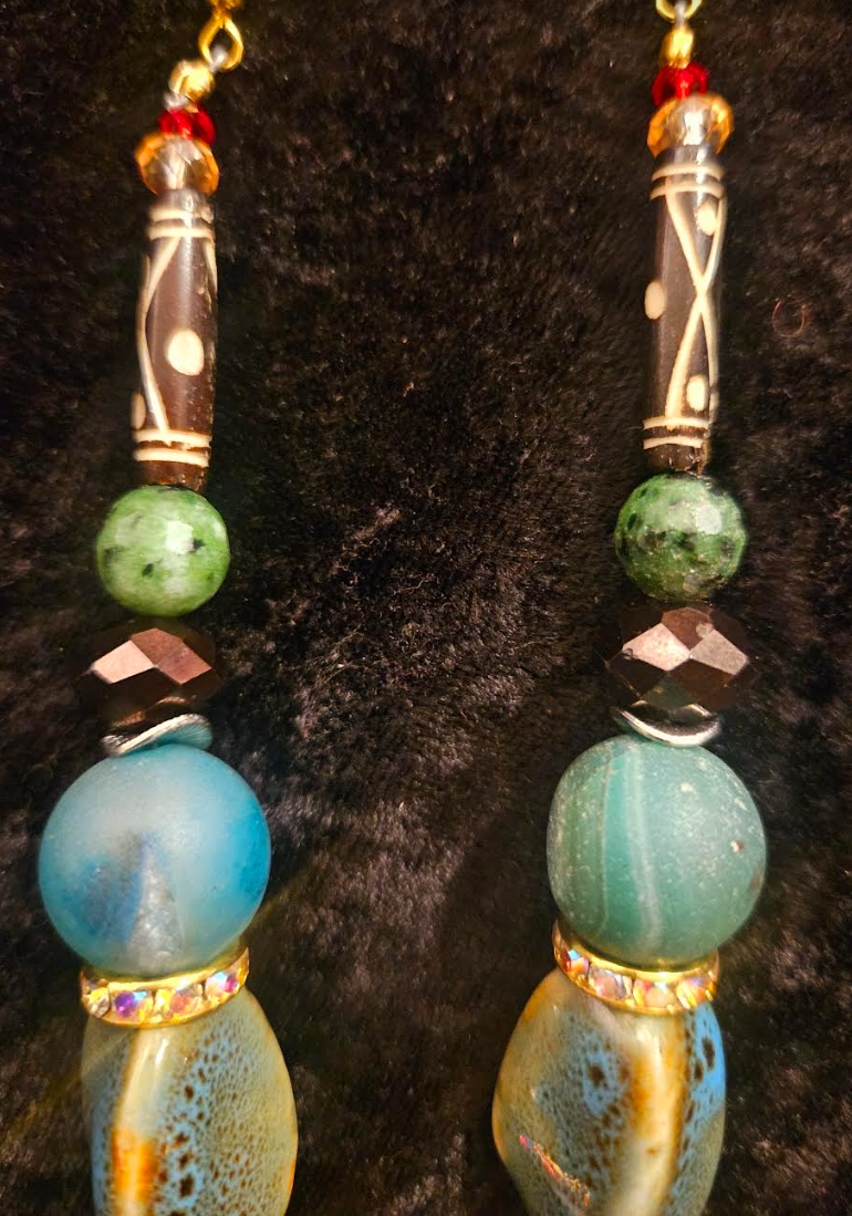 Blue Green & Brown Eclectic Mixed Beaded Tribal Dangle Shoulder Dus
