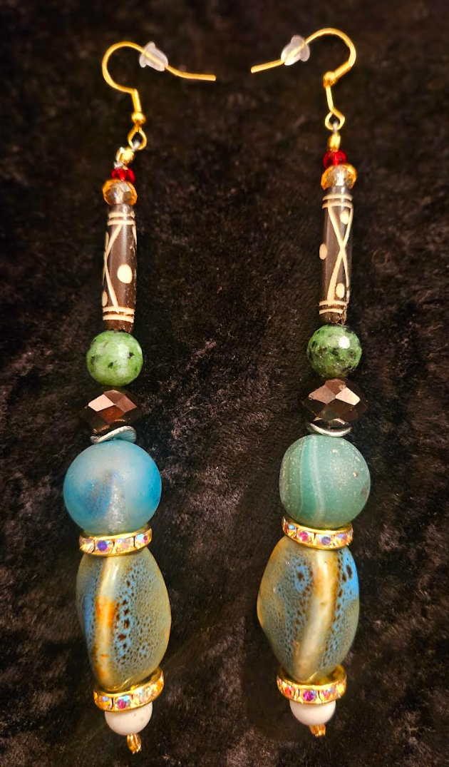 Blue Green & Brown Eclectic Mixed Beaded Tribal Dangle Shoulder Dus