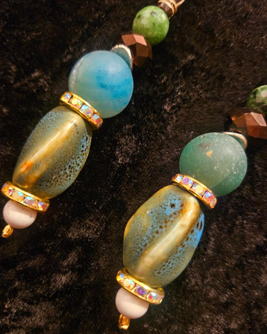 Blue Green & Brown Eclectic Mixed Beaded Tribal Dangle Shoulder Dus