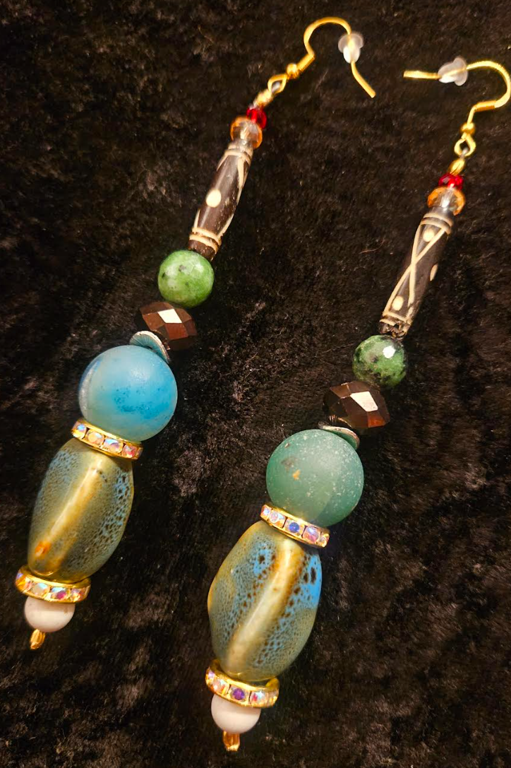 Blue Green & Brown Eclectic Mixed Beaded Tribal Dangle Shoulder Dus