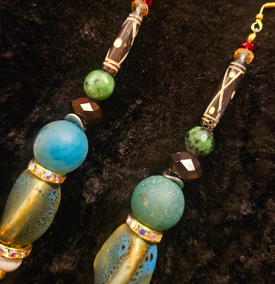 Blue Green & Brown Eclectic Mixed Beaded Tribal Dangle Shoulder Dus