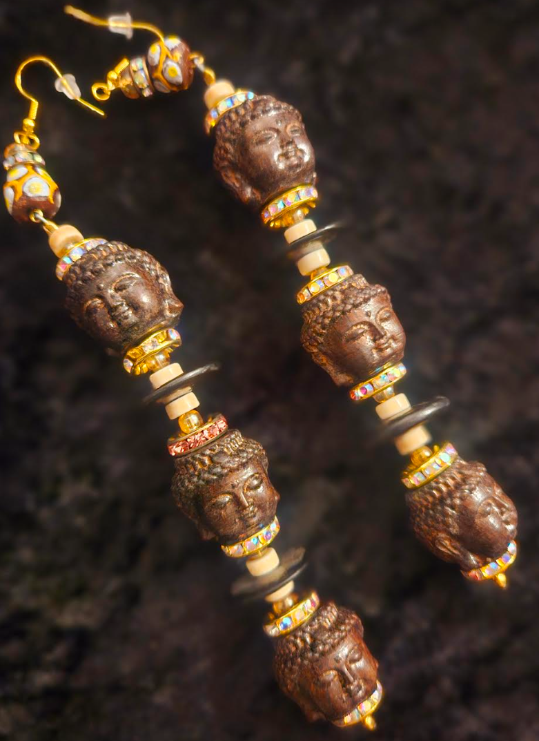 Agar Wood Buddha Shoulder Duster Pierced Statement Earrings Earthy H