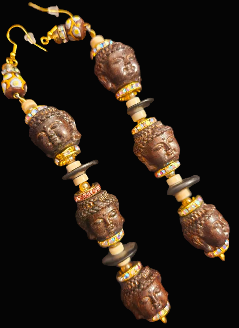 Tibetan Buddha Shoulder Duster Pierced Statement Earrings - OOAK